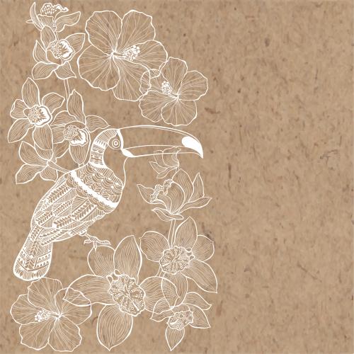 木槿花。矢量图 彩色巨嘴鸟与木槿花和兰花在牛皮纸上的图案