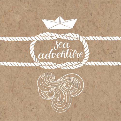 海用绳子。矢量图 海员结纸船浪潮卡纸上印有Sea Adventure字样