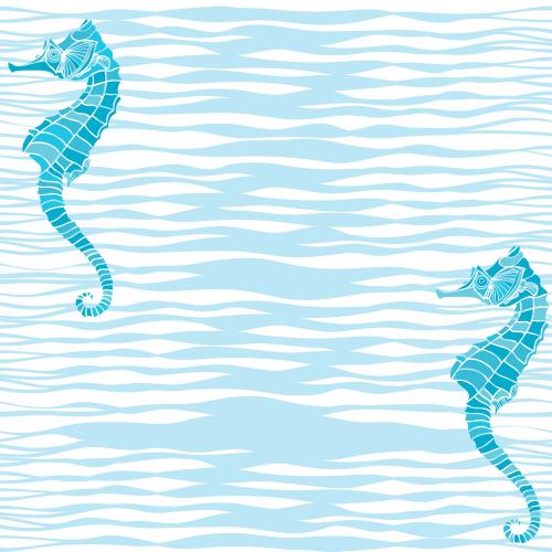 图像白蓝色波浪上的海马