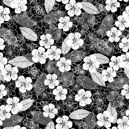 樱花。矢量图 黑底樱花和叶