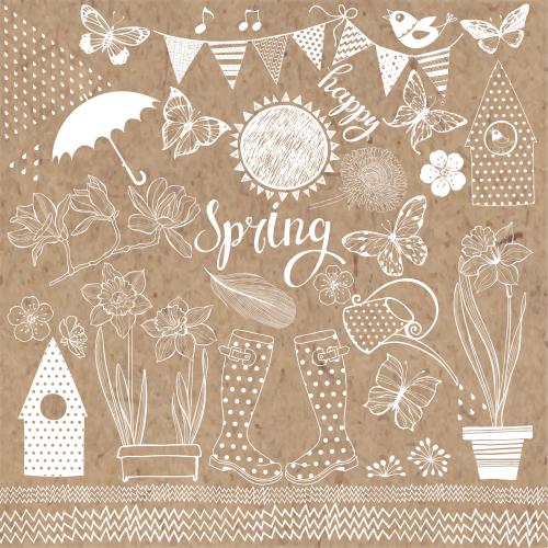蒲公英。矢量图 春季主题元素套装，带“Happy Spring”的牛皮纸制品