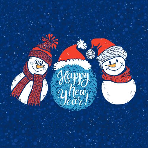 雪人。矢量图 可爱的卡通雪人，蓝色波点上带有“新年快乐”的字样