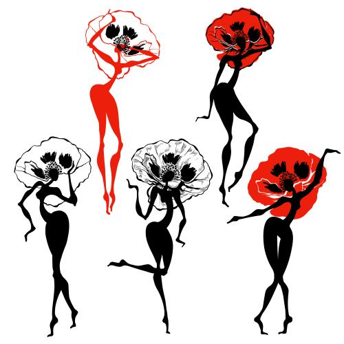 罂粟花。矢量图 跳舞的虞美人女士在白色