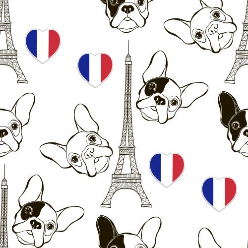 旗帜。矢量图 法国斗牛犬面部, 埃菲尔铁塔, 法国国旗心形白色背景