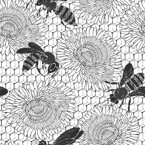 蜜蜂。矢量图 单色蜜蜂、蜂巢、蒲公英白色背景