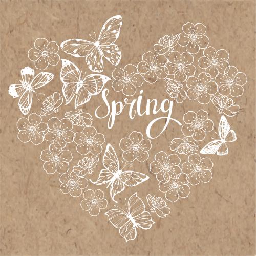 春天。矢量图 一款心形蝴蝶和花朵图案并带有英文spring字样印在牛皮纸上的组合