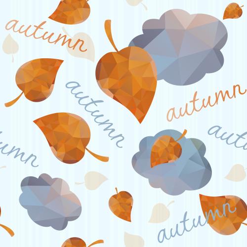 秋天。矢量图 蓝云、秋叶与蓝底条纹上的autumn字样