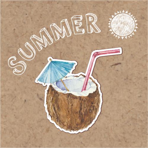 旅行。矢量图 椰子鸡尾酒，太阳和牛皮纸上的'Summer'字样