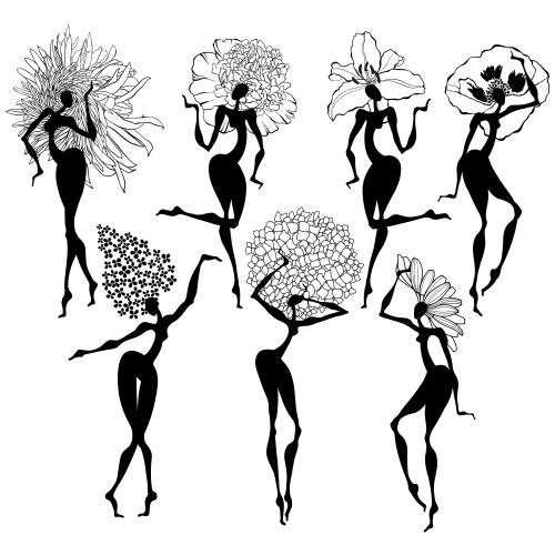 牡丹。矢量图 跳舞的花仙子 黑色剪影在白色背景上