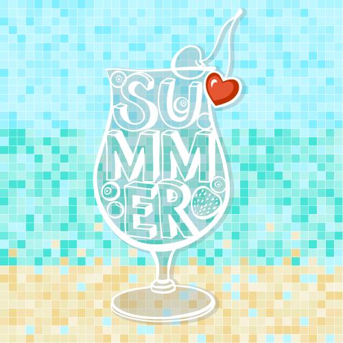 海滩。矢量图 鸡尾酒带心形，带"summer"字样，马赛克图案采用海洋与海滩的色彩