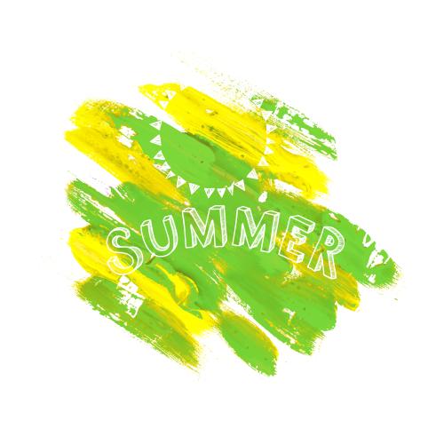 太阳。矢量图 黄绿色艺术斑点，太阳，白色背景上的“夏天”