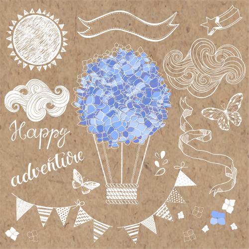 浪漫。矢量图 花卉气球、绣球花、太阳、花环、云朵、蝴蝶、"Happy Adventure" 文字及其他彩绘元素