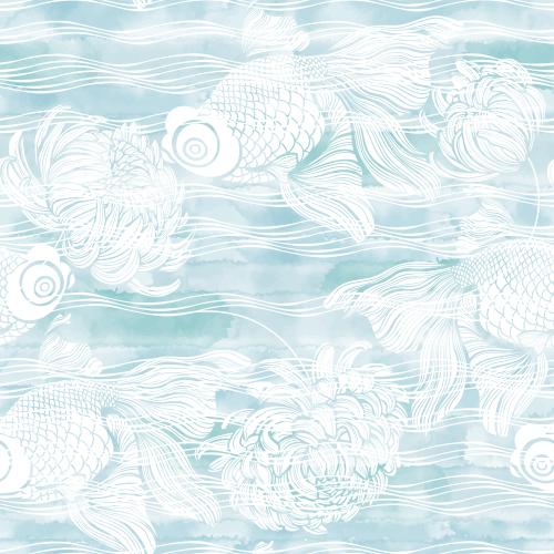 菊花。矢量图 金色的小鱼，水波与菊花，蓝底上的白色剪影水彩画