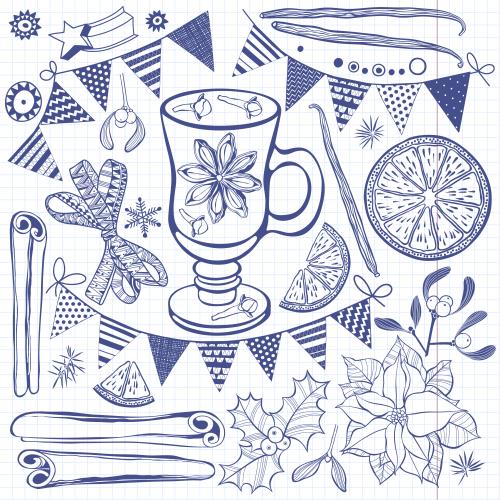 旗帜。矢量图 圣诞花卉、热红酒杯、香料与其它节日符号网格笔记本封面