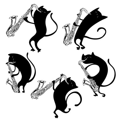猫。矢量图 卡通化的黑色猫与萨克斯管在白色背景上