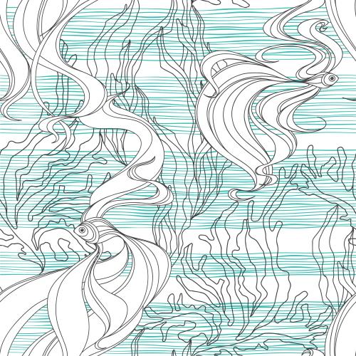 海藻。矢量图 风格化的小鱼、海藻、白色背景上的波浪