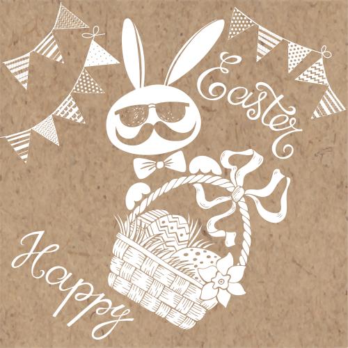 旗帜。矢量图 复活节主题卡通兔子、彩蛋篮子和牛皮纸上的Happy Easter字样组合