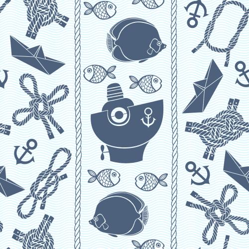 海用绳子。矢量图 蓝色剪影热带鱼、海军绳结、锚、纸船和小船在蓝色的波浪上
