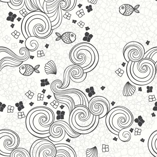 矢量图片 花底小鱼、贝壳与波浪
