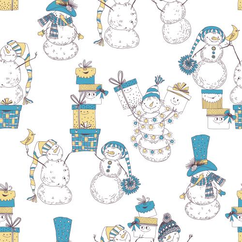 雪人。矢量图 卡通雪人与可爱礼盒白色背景