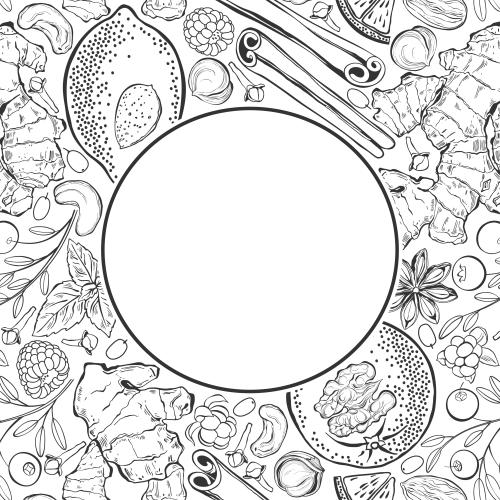 覆盆子。矢量图 柠檬, 橙子, 姜, 肉桂, 蔓越莓, 悬钩子, 覆盆子, 杏仁, 核桃, 榛子, 腰果, 白色圆形文字区域