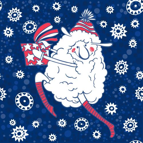 星星。矢量图 蓝底卡通绵羊带礼物星星雪花玩具
