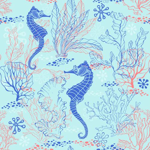 珊瑚。矢量图 蓝底海马海藻