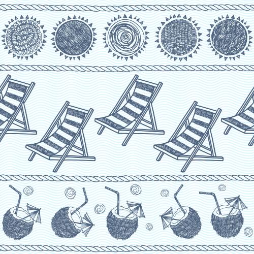 海滩。矢量图 太阳,日光躺椅,椰子鸡尾酒,海上缆绳在蔚蓝的海浪上