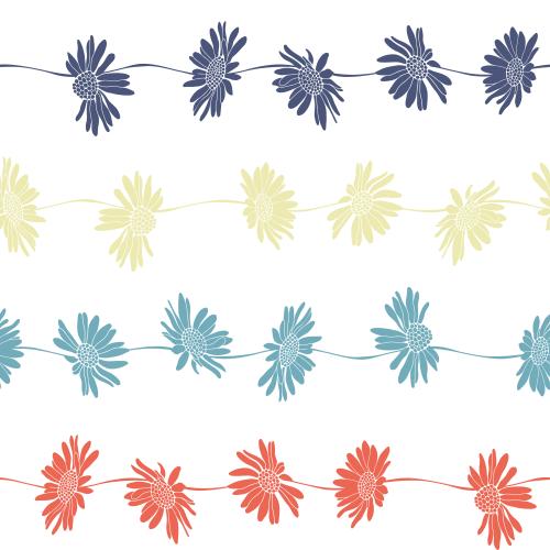 矢量图片白色背景上的彩色雏菊剪影和水平波浪线