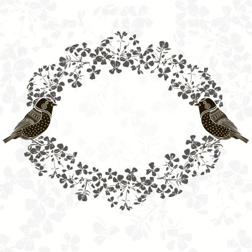 椭圆形。矢量图 椭圆形相框由灰色剪影组成，带有两只小鸟在白色花卉背景上