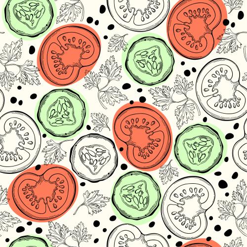 香料。矢量图 西红柿、黄瓜和香菜叶在白色背景上