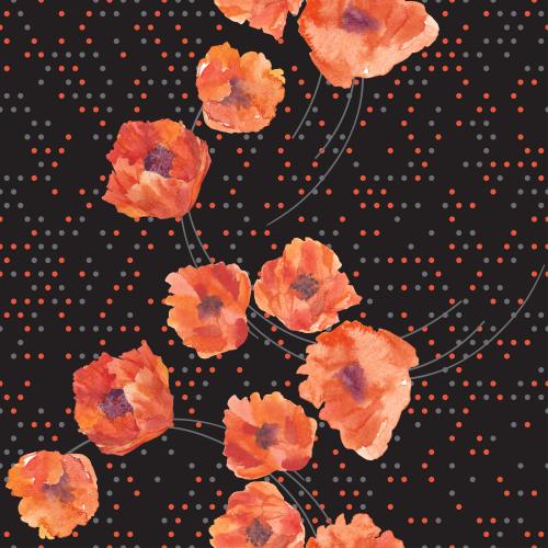 原创位图 水彩罂粟花 黑色背景配多彩圆点