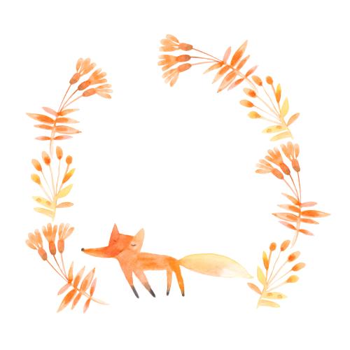 原创位图 狐狸与花朵，水彩在白底上