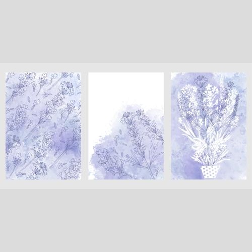 薰衣草。矢量图 三张带薰衣草和紫色水彩图案碎片的明信片