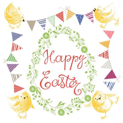 旗帜。矢量图 以复活节为主题的图形元素，白色背景上的Happy Easter文字