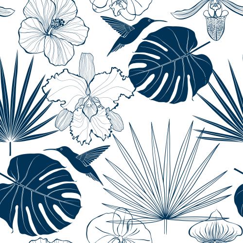 木槿花。矢量图 蜂鸟、兰花、木槿花、棕榈叶、白底蓝轮廓
