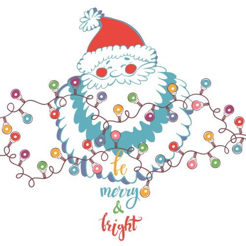 圣诞老人。矢量图 带灯饰的圣诞老人，白色背景上的“merry and bright”文字