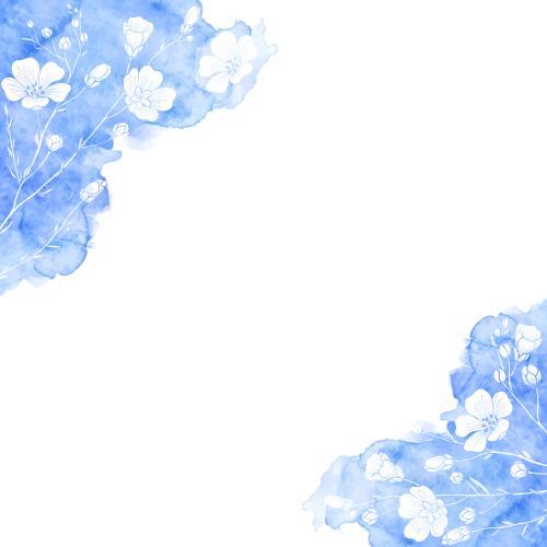 亚麻。矢量图 白色亚麻花的剪影在蓝色水彩上，白色文字区域，角形构图