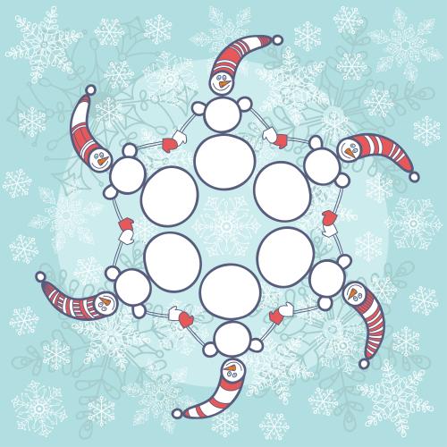 礼物。矢量图 雪花与雪人环舞