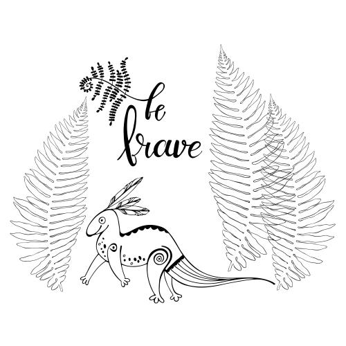 恐龙。矢量图 动画恐龙，蕨类叶子，白色背景上的"be brave"文字