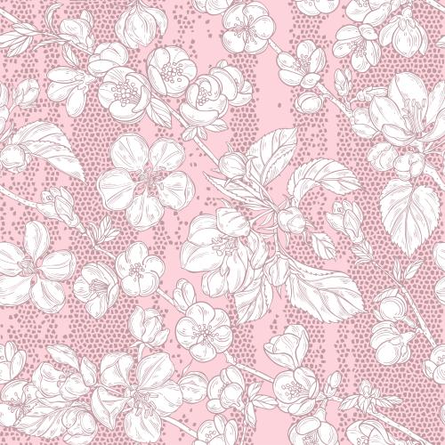 苹果花。矢量图 苹果花，日本木瓜，粉红色马赛克上的花朵枝条