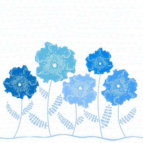 矢量图片 抽象花朵在不同深浅蓝色的条纹和波点背景上