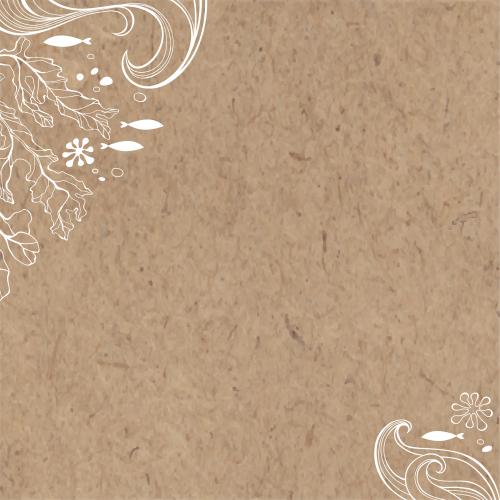 珊瑚。矢量图 海洋主题画作，配有鱼、珊瑚、海藻、波浪，并在牛皮纸上留有文本位置