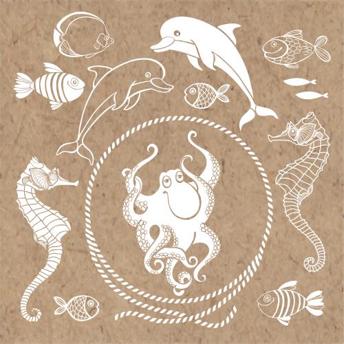 海豚。矢量图 圆形绳圈、海豚、鱼、海马、章鱼卡纸