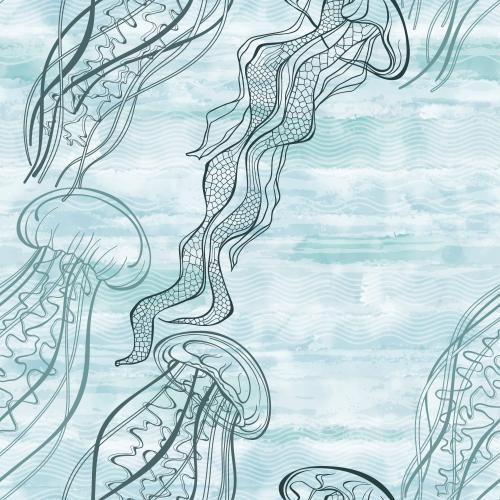 水母。矢量图 水母与蓝色水彩海浪