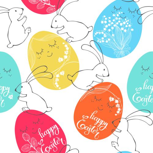 矢量图片 彩色卡通复活节彩蛋，带有铃兰、柳枝、"happy easter"字样和白色背景上的小兔子