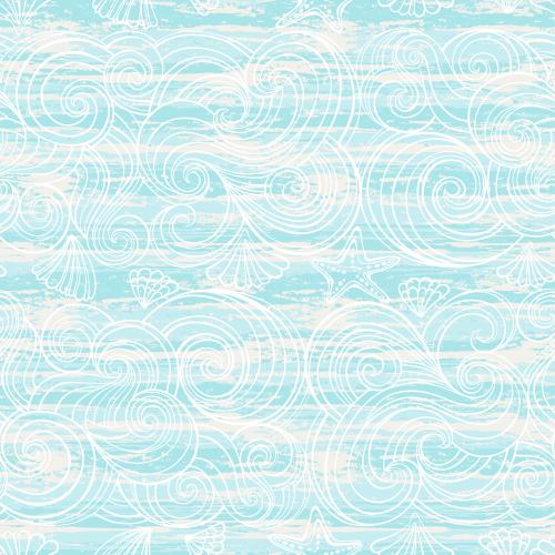 海滩。矢量图 波浪，贝壳，海星与碧绿纹理
